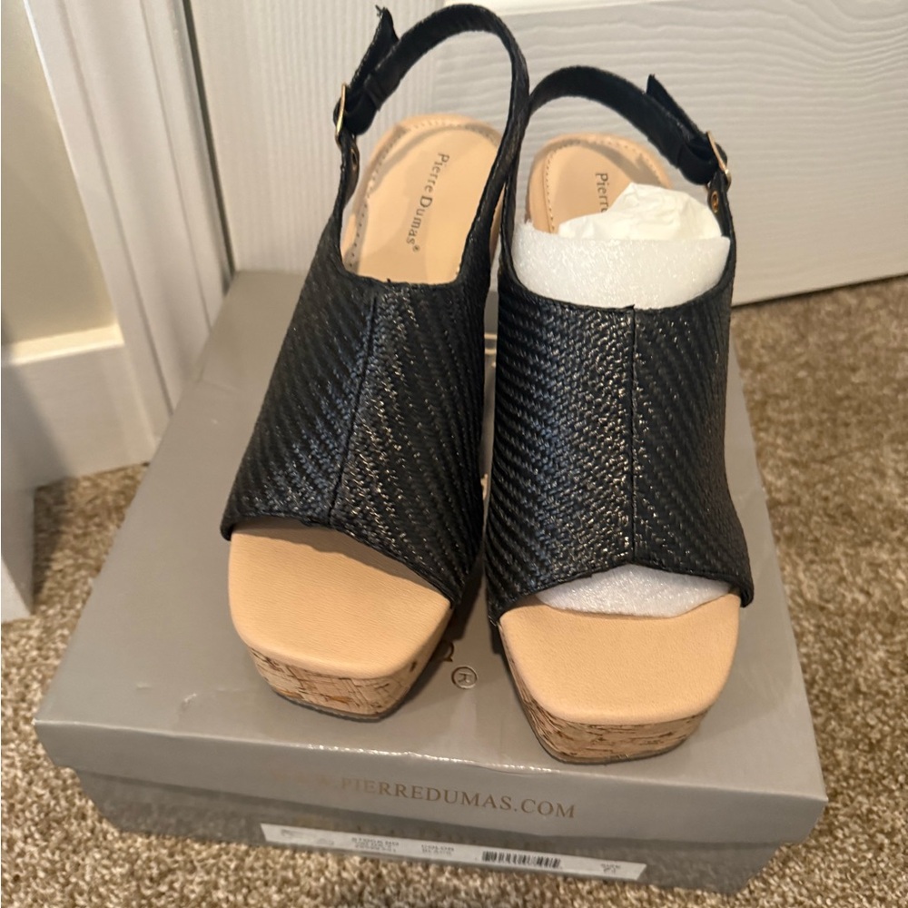 Pierre Dumas Black and Tan Wedge Sandals